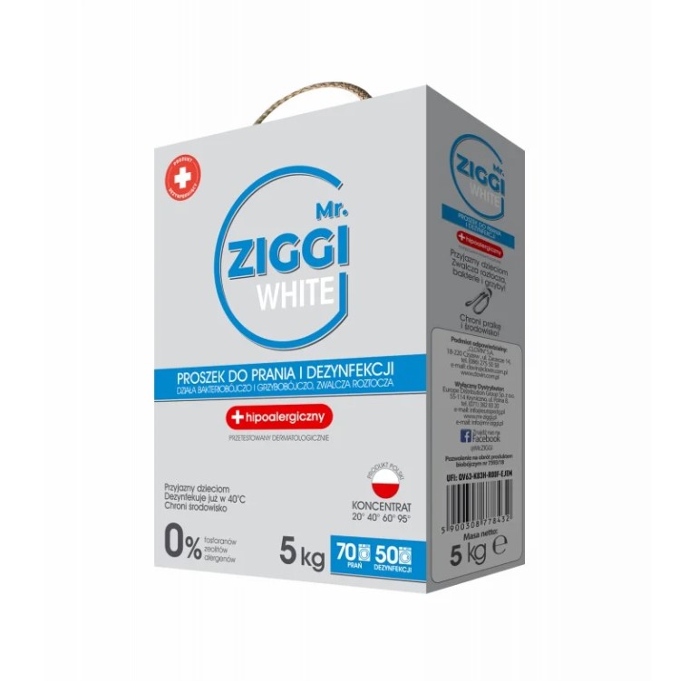 Ziggi 5kg прах за пране и дезинфекция на бели дрехи