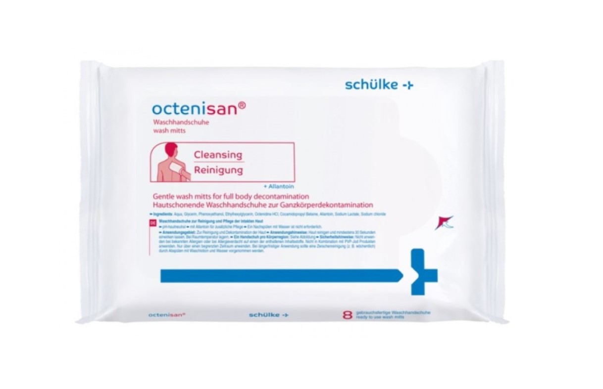 Ръкавици за миене Octenisan 8бр - ръкавици за миене и грижа за ненаранена кожа без използване на вода
