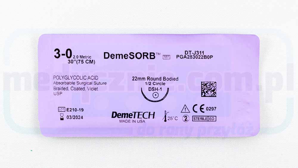 DEMECRYL Хирургичен шев (абсорбиращ) 3/0 75cm виолетов с 1/2 22mm заоблена игла DEMETECH 1 бр.