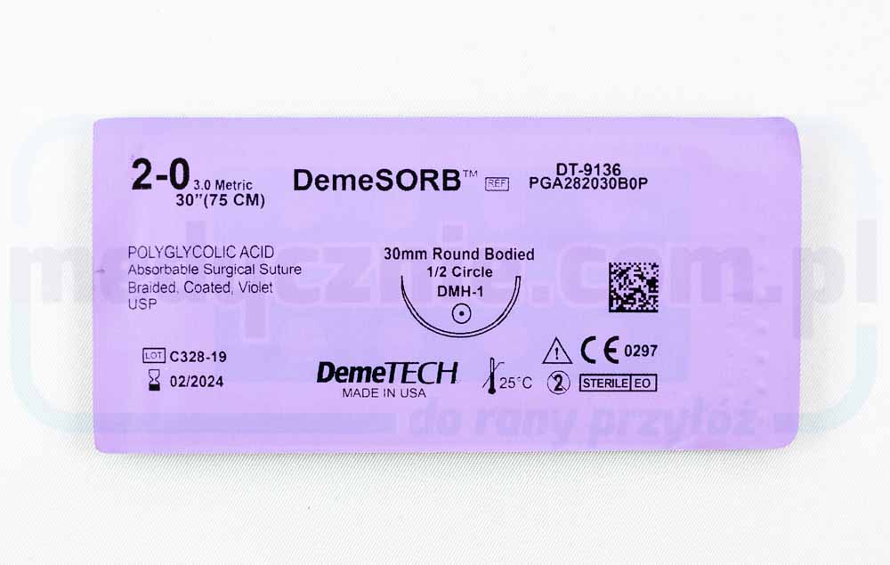 Хирургичен конец DEMECRYL (абсорбиращ се) 2/0 75 см лилав със заоблена игла 1/2 30 мм DEMETECH 1 бр.